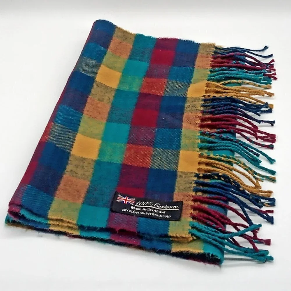 Scottish Plaid 100% Cashmere Fringed Oblong Scarf